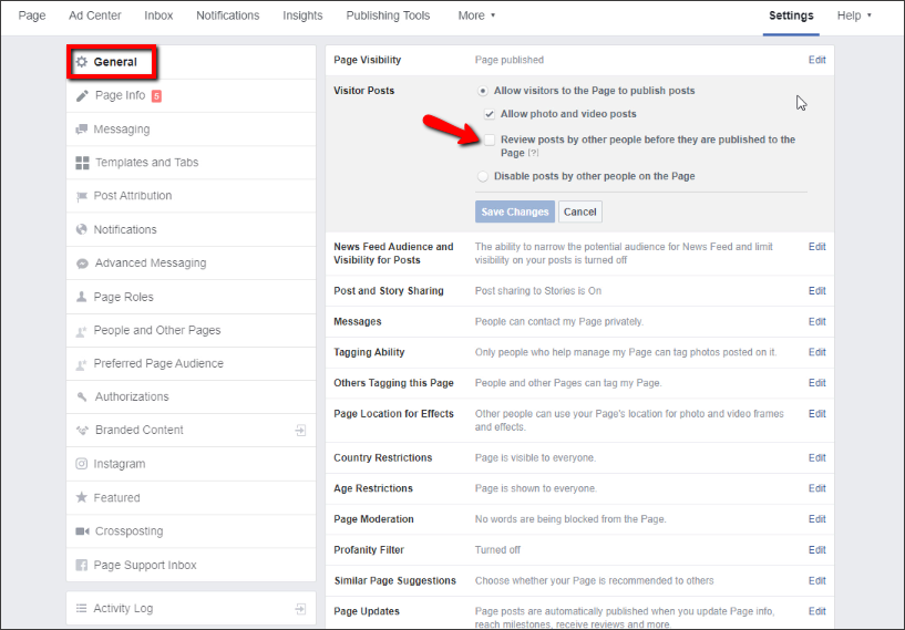 facebook page settings