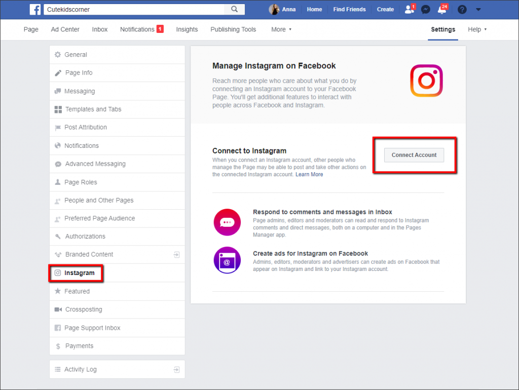 connect instagram facebook